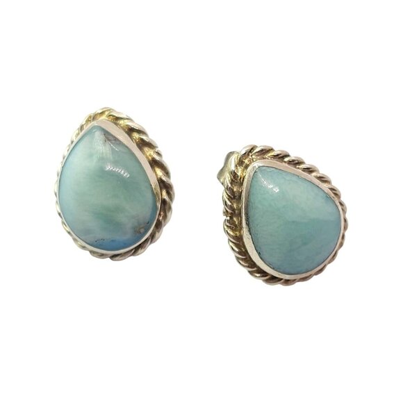 Sterling Silver Larimar Teardrop Cabochon Pierced Earrings Dominican Republic - Picture 2 of 10